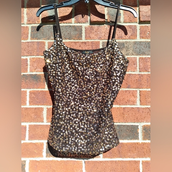 Reba Tops - Medium REBA Sequined Golds/browns Tank Top. Side Invisible Zip.